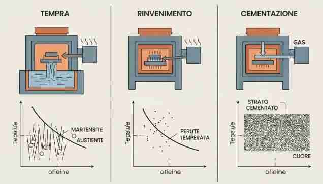 Schema dei trattamenti termici degli acciai: tempra, rinvenimento e cementazione